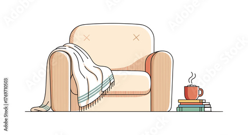Cozy armchair with blanket and coffee mug in minimalist living room setting