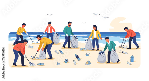 Volunteers cleaning beach in flat design: ocean conservation efforts