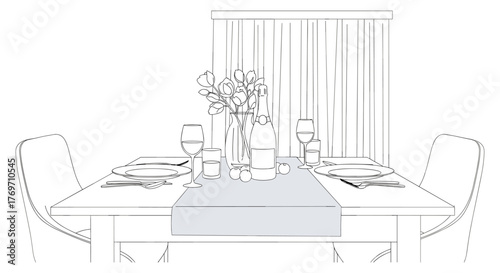 Elegant dining room line art with table setting and flowers