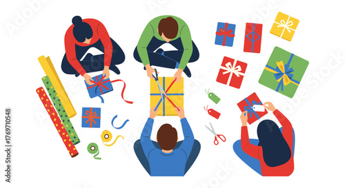 Teamwork in gift wrapping with overhead view and bright colors