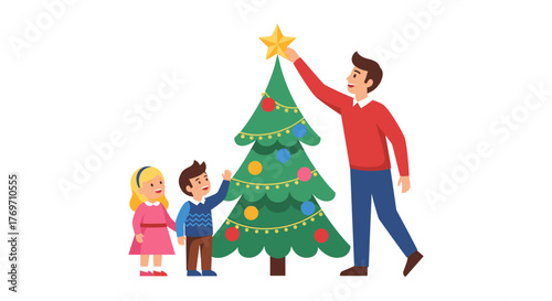Family decorating christmas tree with star together in festive flat design