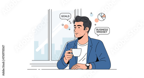 Businessman in modern office with coffee and focus on goals and mindset