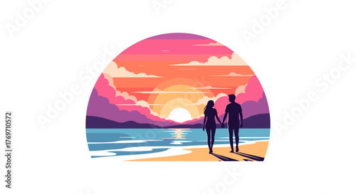 Romantic sunset walk on the beach with silhouetted couple and vibrant sky