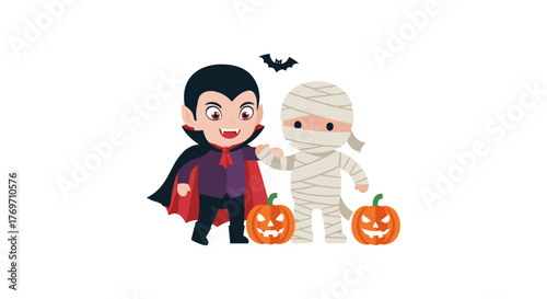 Cute halloween duo: little vampire and mummy with pumpkins