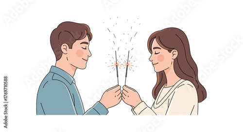 Celebration moment: couple with sparklers in hand-drawn style