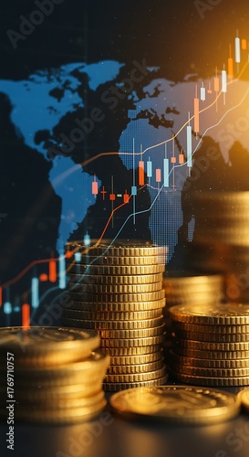 Golden coins global finance chart gold coins stacks of coins