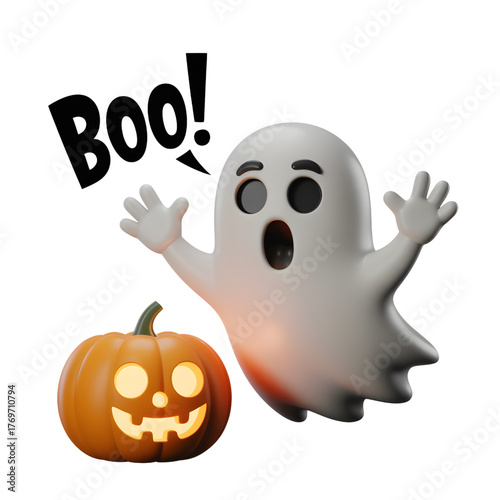 Cute 3D ghost with a pumpkin saying boo for Halloween decoration and celebration