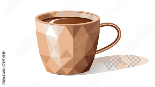 Vector coffee cup icon, pastel brown tone, geometric handle and shadow, transparent background.
