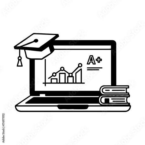 Educational Technology and Online Learning Icon - Graduation Cap, Laptop with Graph, and Books