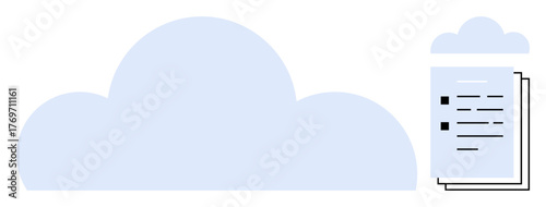 Large cloud symbol next to a stack of documents, illustrating digital storage, data sharing, and file management. Ideal for technology, organization, security, backup, archiving innovation