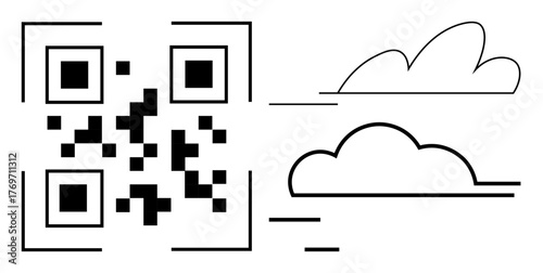 QR code paired with two outlined cloud shapes and horizontal lines representing connectivity, scanning, or digital elements. Ideal for technology, innovation, minimalism, apps, networking, cloud