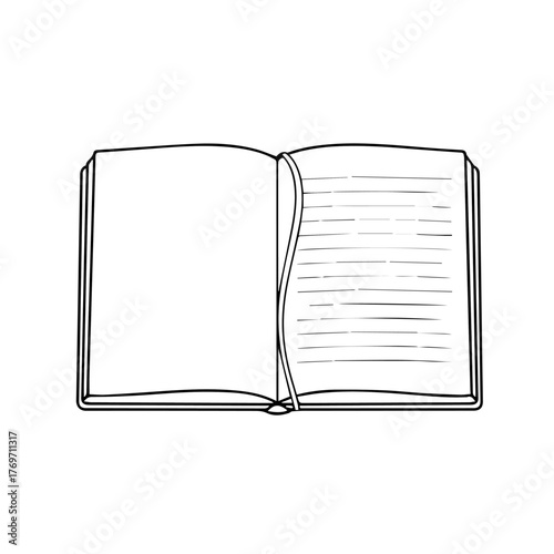 An open book with lined pages and a bookmark, presented as a minimalist black and white line art vector icon for education or journaling