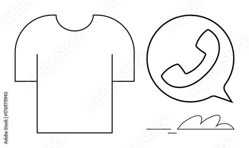Minimalist T-shirt silhouette and phone icon inside a speech bubble, thin lines, simple details. Ideal for communication, clothing, customer service, contact, retail, fashion branding simple flat