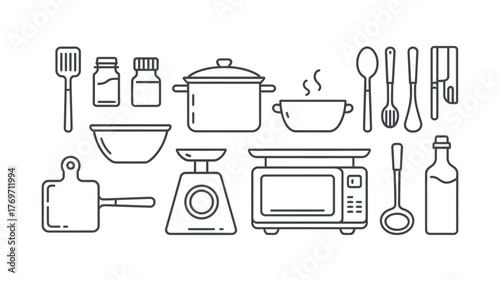 Collection of essential kitchen tools and cooking equipment arranged neatly