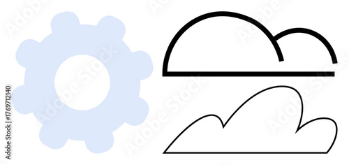Gear and minimalist cloud outlines symbolizing technology, innovation, and cloud computing. Ideal for technology, innovation, cloud storage, connectivity, teamwork development and systems. Simple
