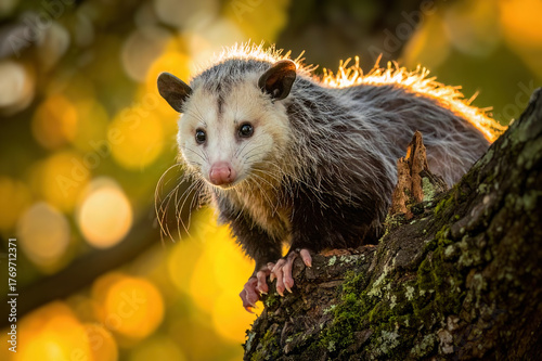  The Virginia opossum (Didelphis virginiana) - North American opossum, climbing on the tree
