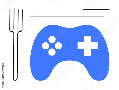 Blue game controller paired with a fork, suggesting the idea of gaming-focused dining, food culture, and digital entertainment trends. Ideal for tech lifestyle, gaming, e-sports, creativity, leisure