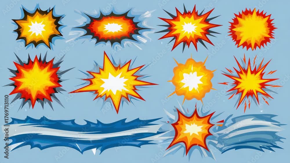 Comic book explosion and impact effects set with various burst shapes and dynamic energy waves