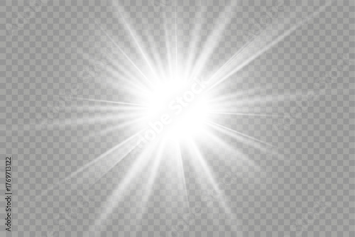 Bright white starburst light effect with shining beams isolated