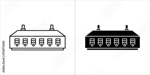 Network switch icon, two versions of a network hub, one outline and one filled