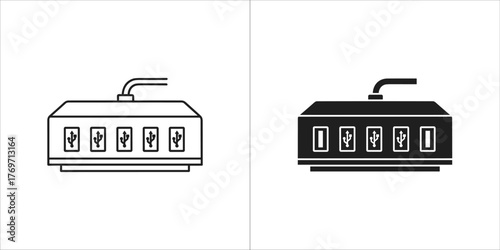 Usb hub icon, outline and filled versions, showing multiple ports for device connection