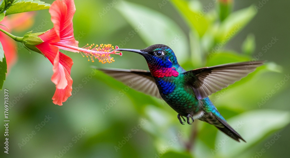 Fototapeta premium A vibrant hummingbird hovers near a red hibiscus flower. The bird displays iridescent green and blue feathers, showcasing its delicate wings and long beak.