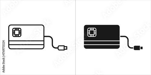 Two icons of a credit card with a chip and a cable, one in outline and one in solid black