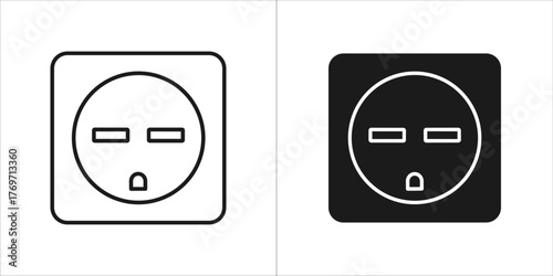 Set of two icons representing an electrical socket, one in outline and one in solid black