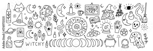 Witch and witchcraft magic with occult astrology tarot appear. Moon crescent phases zodiac and celestial crystal potion cauldron show detail. Broom, candle, skull, snake, eye, hamsa, pentacle and cat 