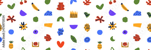 The pattern of shapes creates a tropical style. Matisse elements bring a jungle feeling with seamless colors. The design stays minimal and connected to nature.