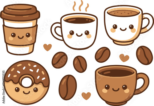 Kawaii Hot Coffee Mugs and Donut Vector Icon Set Cute Cartoon Cafe and Breakfast Character Collection