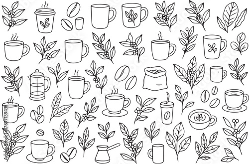 Hand Drawn Coffee Doodle Vector Icon Set | Organic Cafe Elements Hot Drinksand Botanical Leaf & Bean Illustrations