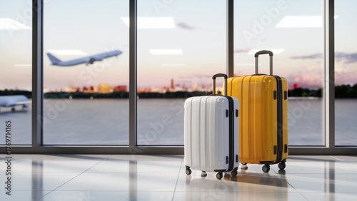 Pair of Suitcases in Airport terminal window with airplane takeoff. Travel? journey, vacation concept