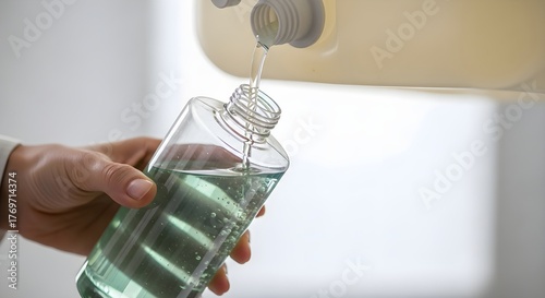 Embracing an eco-friendly Zero Waste lifestyle by refilling liquid soap into a reusable bottle for a sustainable and responsible future