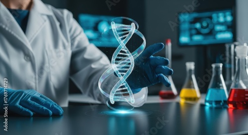 Healthcare & Biotechnology ,DNA Sequencing: A scientist's gloved hand rotates a large, 3D holographic model of a DNA double helix.