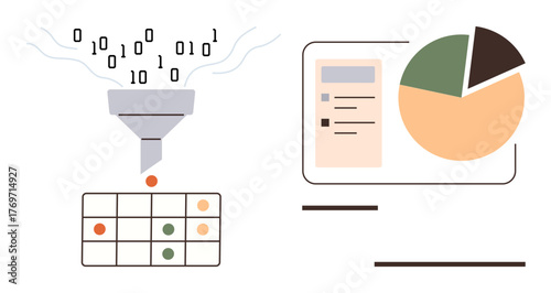 Binary data filtered through funnel to create structured table alongside pie chart visualization. Ideal for data analysis, machine learning, automation, reporting, business intelligence, data