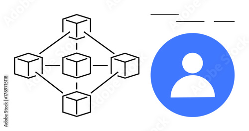 Interconnected blockchain structure and user profile icon represent decentralized networks, digital identity, and secure data sharing. Ideal for blockchain, identity, security, technology