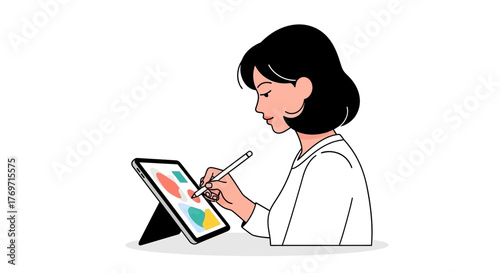 Illustration of a woman using a stylus on a tablet device to create digital art.