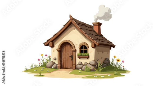 Shepherd hut with smoke in cartoon meadow with flowers and stones, cozy countryside concept