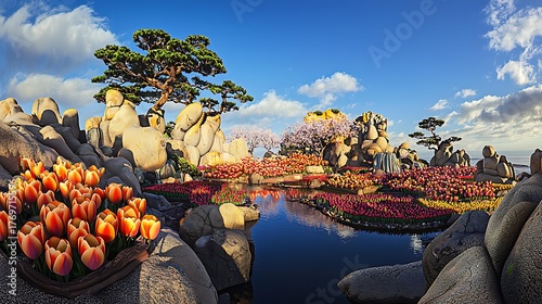 Fototapeta Naklejka Na Ścianę i Meble -  Peaceful spring scene with vibrant tulip beds, sakura trees, and pond reflecting blue sky and clouds