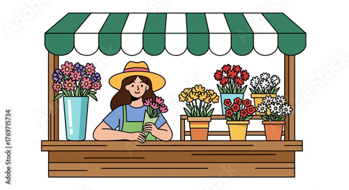 Illustration of a woman at a flower stall with various potted flowers under a striped awning.