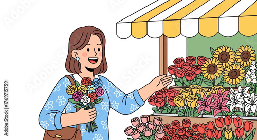 Woman buying flowers at a flower shop stand with a yellow and white awning.