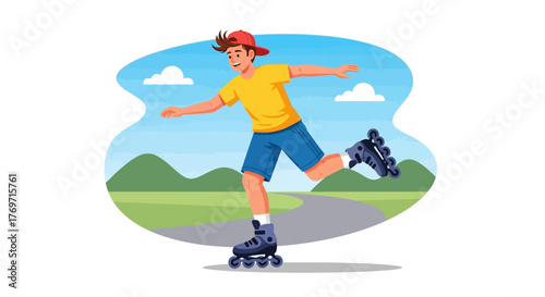 A young man roller skating on a path in a park on a sunny day.