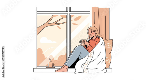 Woman wrapped in blanket sitting by window with coffee.