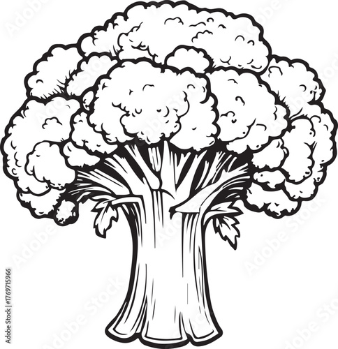 Detailed drawing of broccoli in the style of hatching engraving