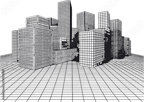 Buildings on a plattform made out of grid lines, black lines on blank 