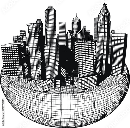 Skyscrapers on a round 3D platform, isolated urban landscape