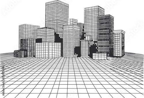 Buildings on a plattform made out of grid lines, black lines on blank 