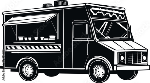 Detailed drawing of a food truck in the style of hatching engraving