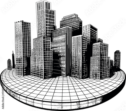 Skyscrapers on a round 3D platform, isolated urban landscape